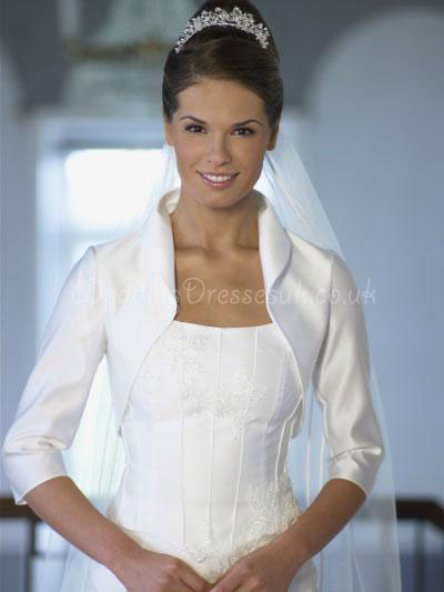 3/4 Sleeves Stand-up Collar Satin White Wrap#WRJ2568