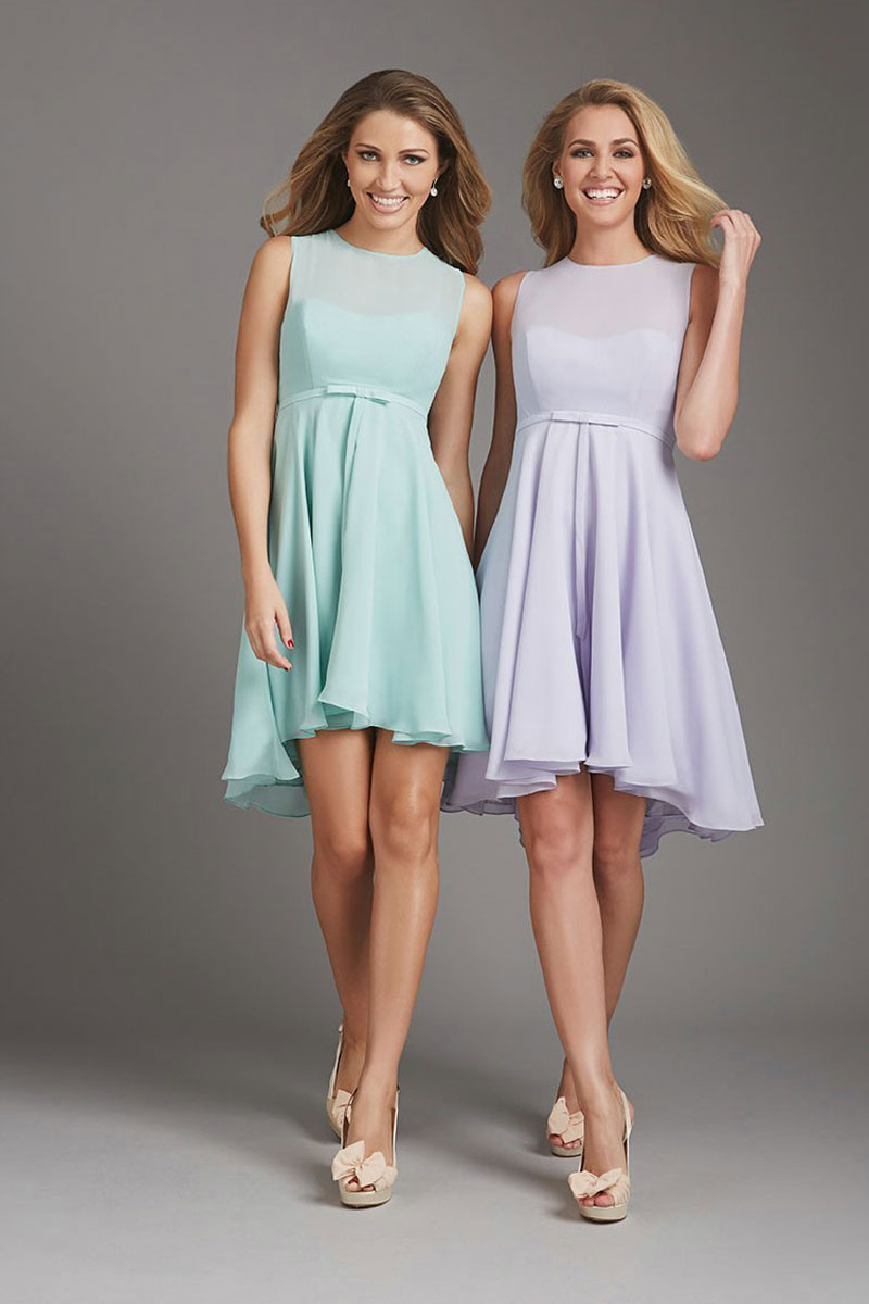 Knee Length Chiffon Natural Waist Keyhole Scoop Bridesmaid Dress#JC2567