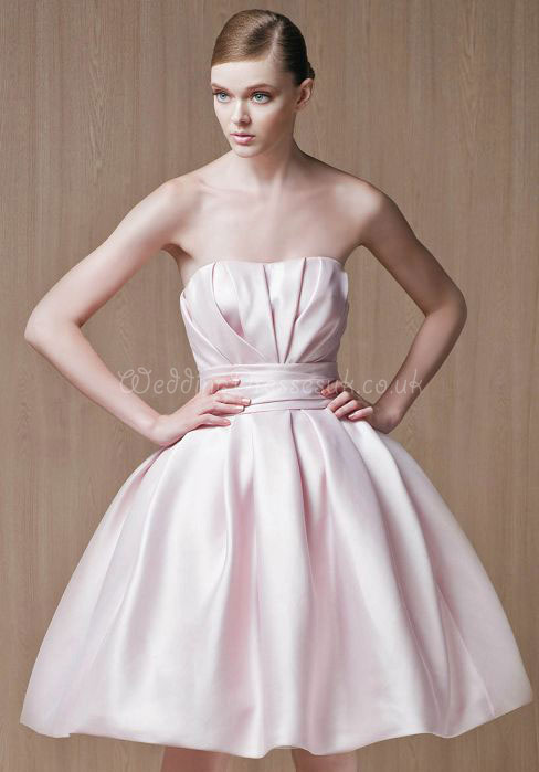 Knee Length Pleats Satin Strapless Ball Gown Bridesmaid Dress#WSJ4413