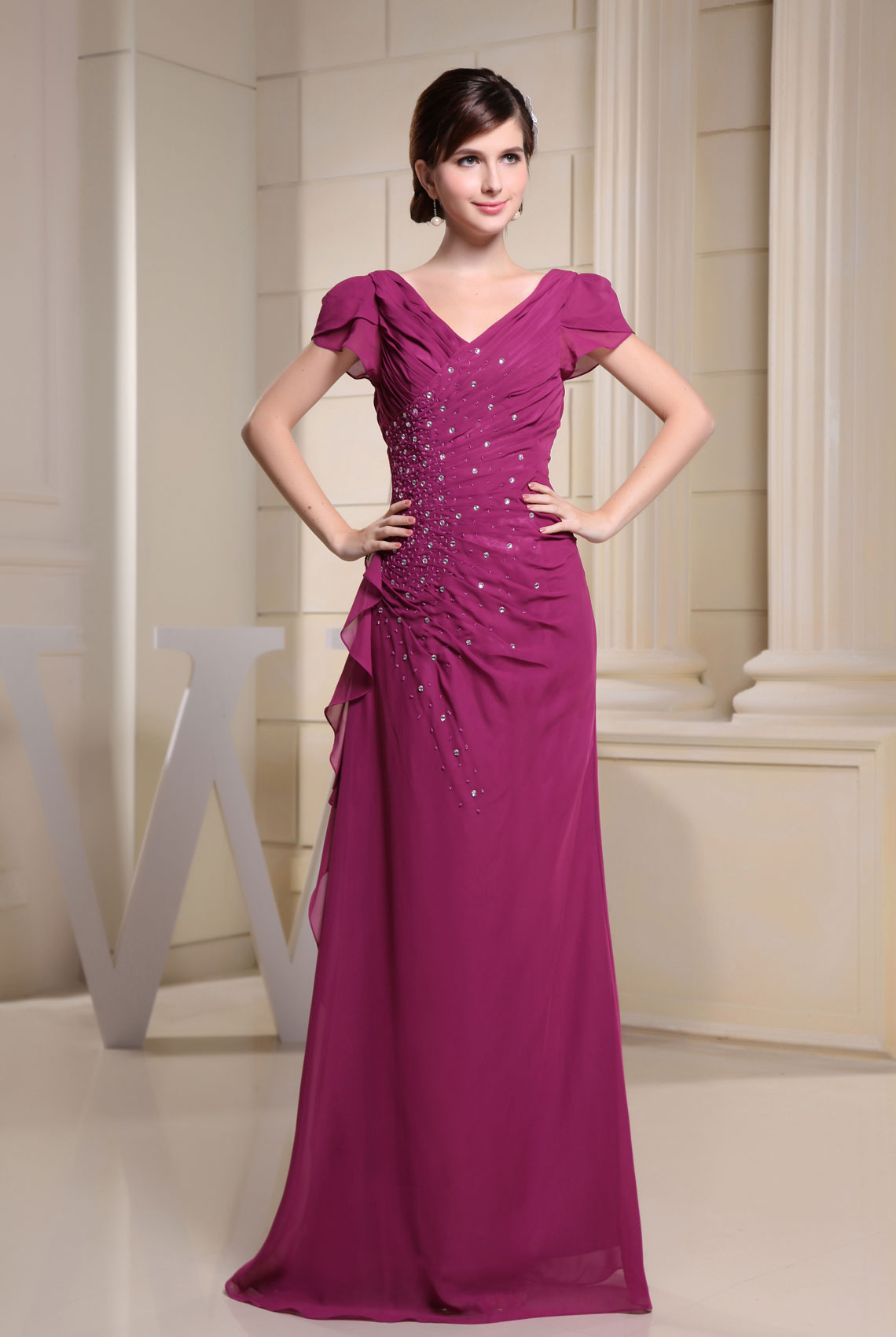 A-line V-neck Crystal Short Sleeve Burgundy Evening Dress#WEJ0378