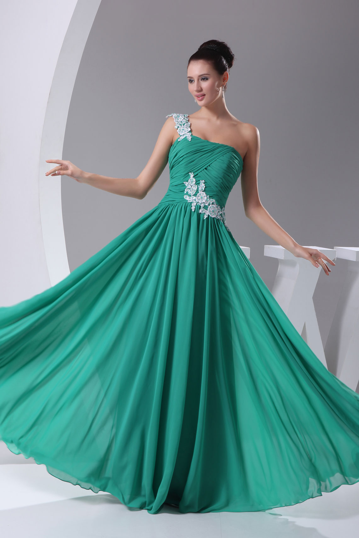 Pleated Sleeveless One Shoulder Chiffon A-line Long Evening Dress#WSQ0154