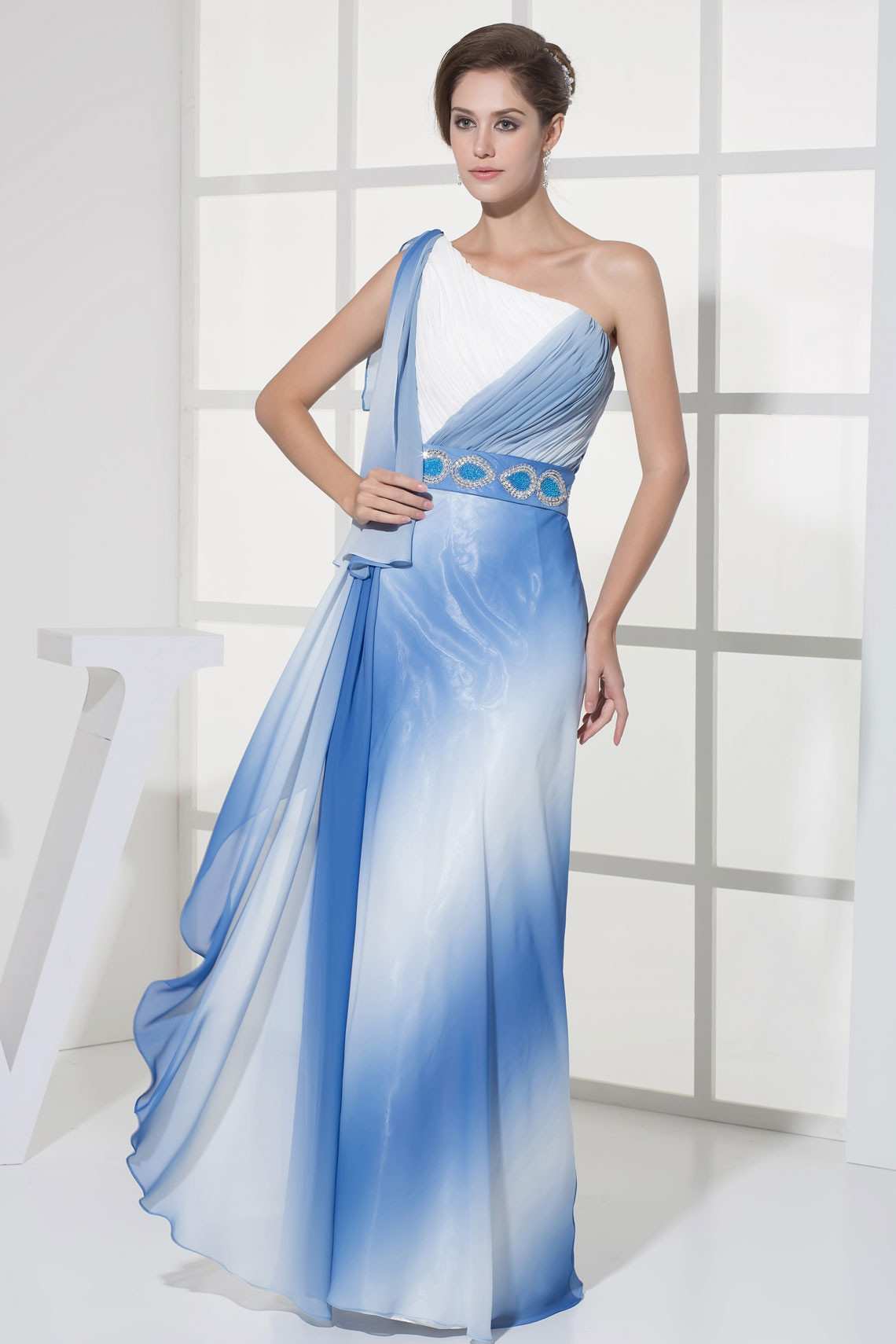 A-line Natural Waist One Shoulder Crystals Low Back Long Evening Dress#WAB9131
