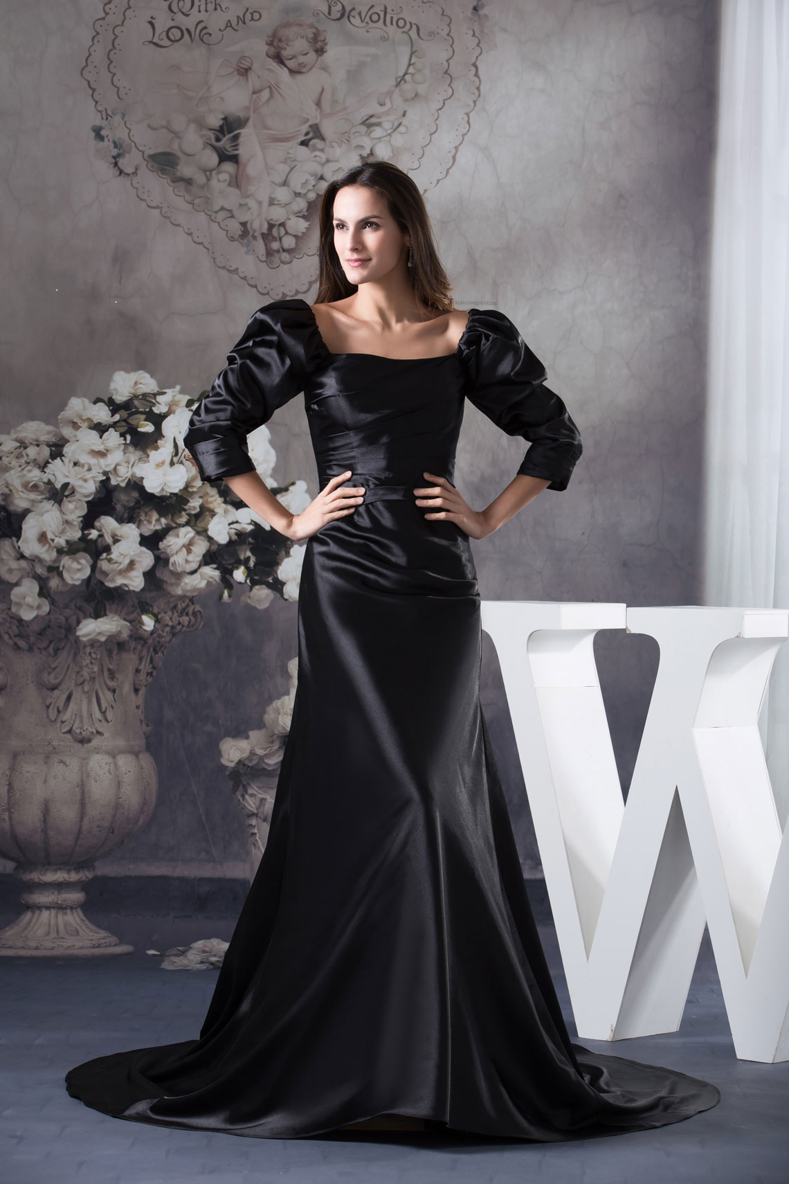 3/4 Length Sleeve A-line Natural Waist Square Pleated Chapel Train Evening Dress#WRD3127