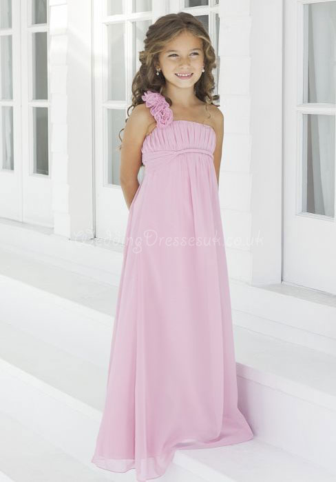 Flowers Blushing Pink One Shoulder A-line Chiffon Junior Bridesmaid Dress#WQD0692