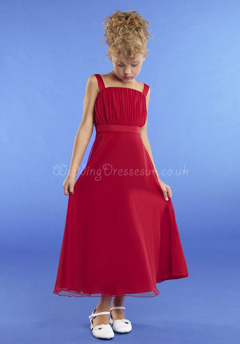 A-line Ankle Length Natural Waist Junior Red Chiffon Bridesmaid Dress#WRS7559