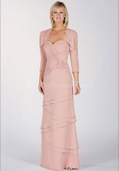 4-length-sleeves Long Chiffon Dropped Appliques & Wrap Sweetheart Mother Of The Bride Dress#WDD6249