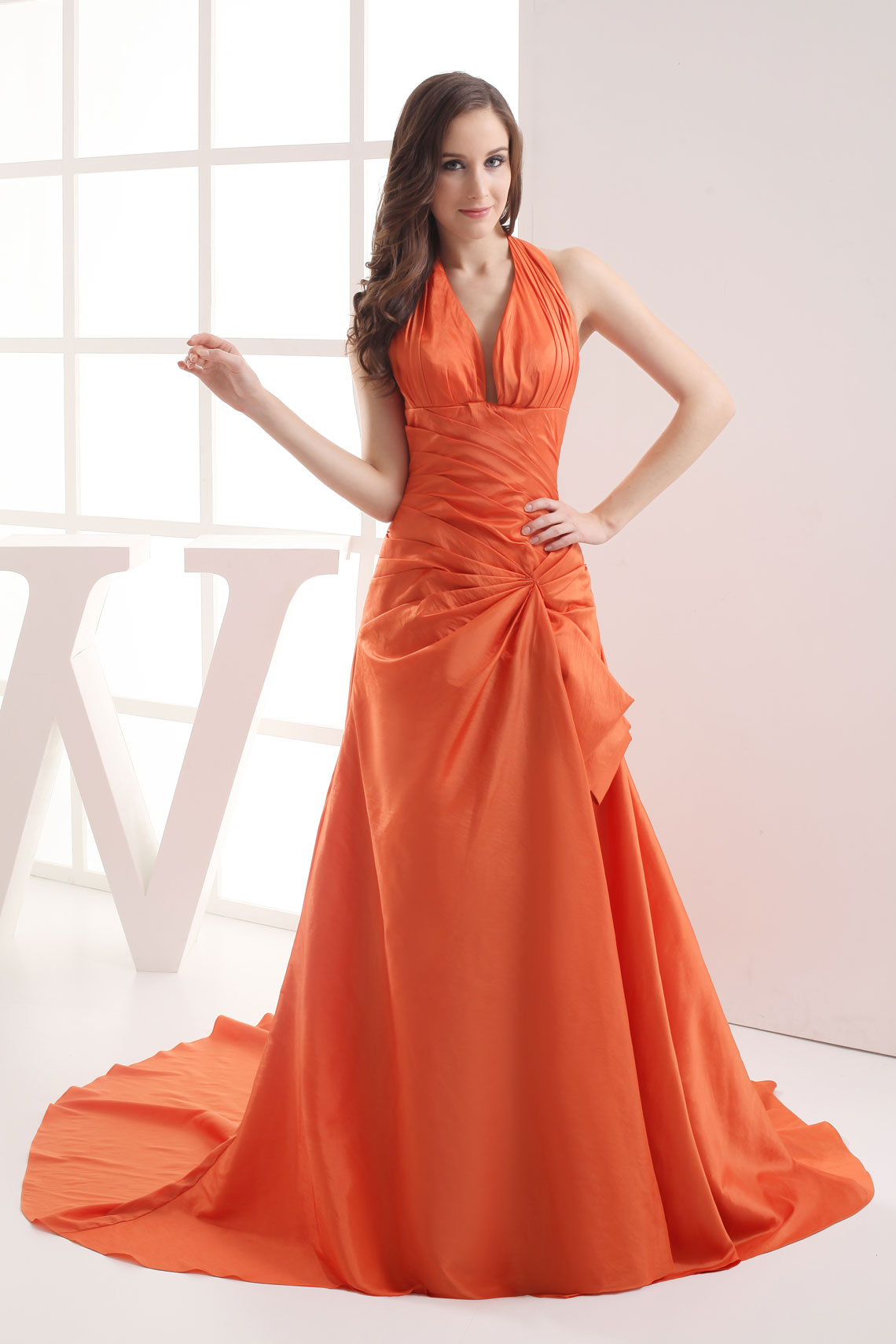 Chapel Train Pleated Sleeveless Backless Taffeta Empire Prom Dress#WAJ3875