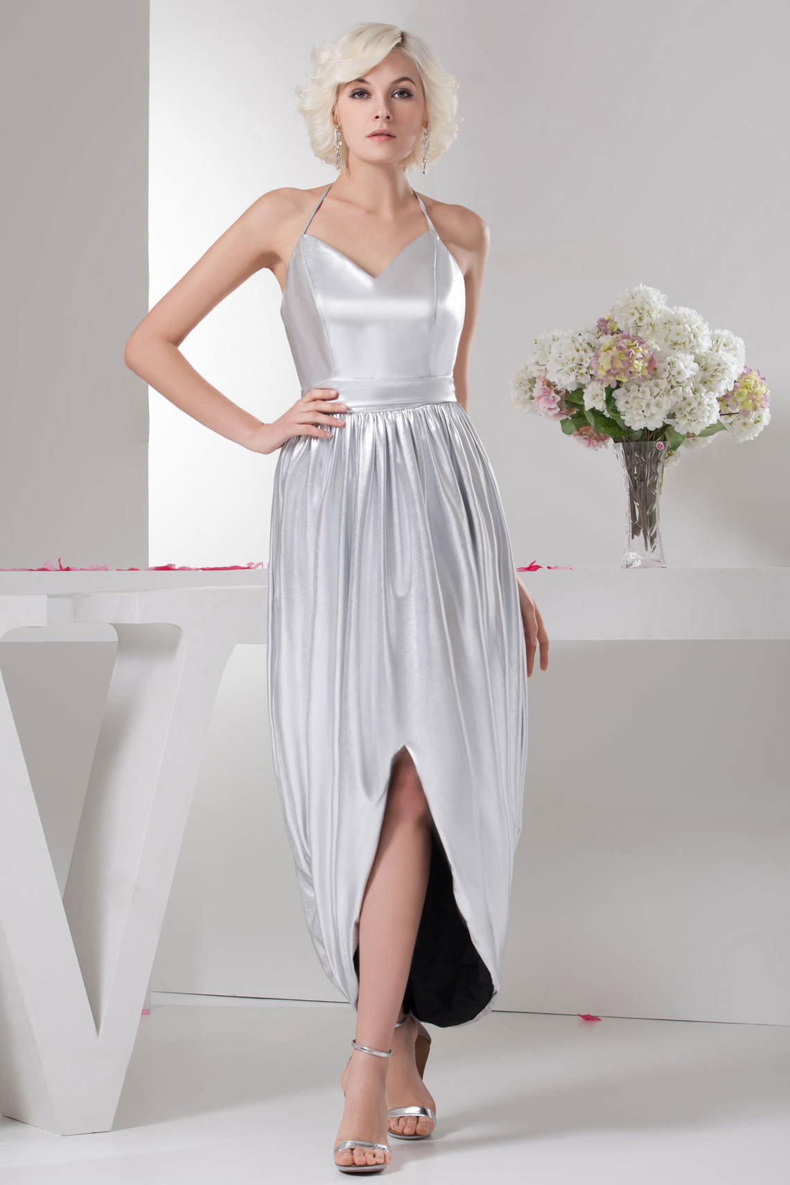 Column Zipper Halter Natural Waist Sleeveless Elastic Silk Like Satin Prom Dress#WER1153