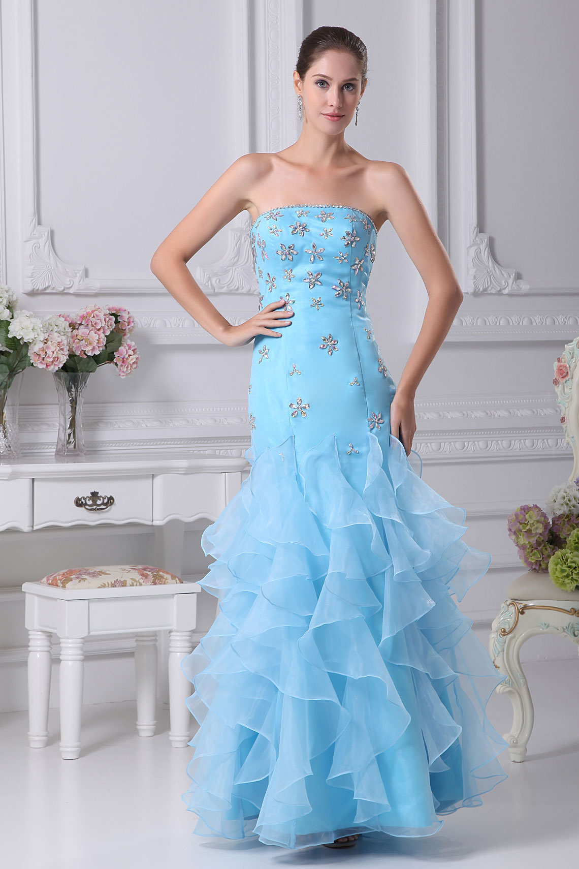 A-line Long Zipper Organza Natural Waist Ruffles Prom Dress#WSQ2525