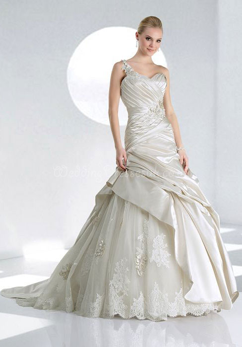A-line Applique Draping Chic Lace Satin Wedding Dress#WSQ8846