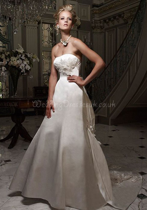 A-line Applique Empire Waist Strapless Court Train Flowers Wedding Dress#WWQ4284