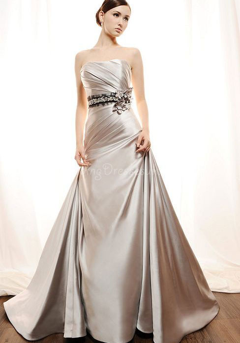 A-line Empire Chapel Train Strapless Ribbon Modern Wedding Dress#WRW8205