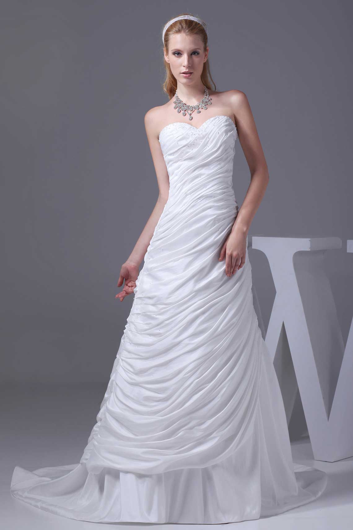 Pongee Pleated Sweetheart Short Sleeve Natural Waist White Wedding Dress#WDC9115