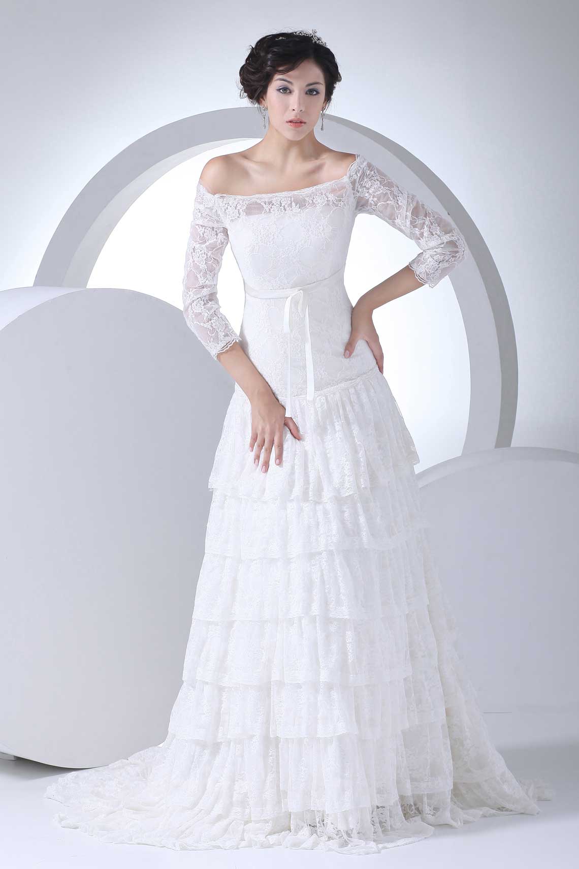 3/4 Length Sleeve Zipper Natural Waist Court Train Ribbon A-line Wedding Dress#WJQ4818