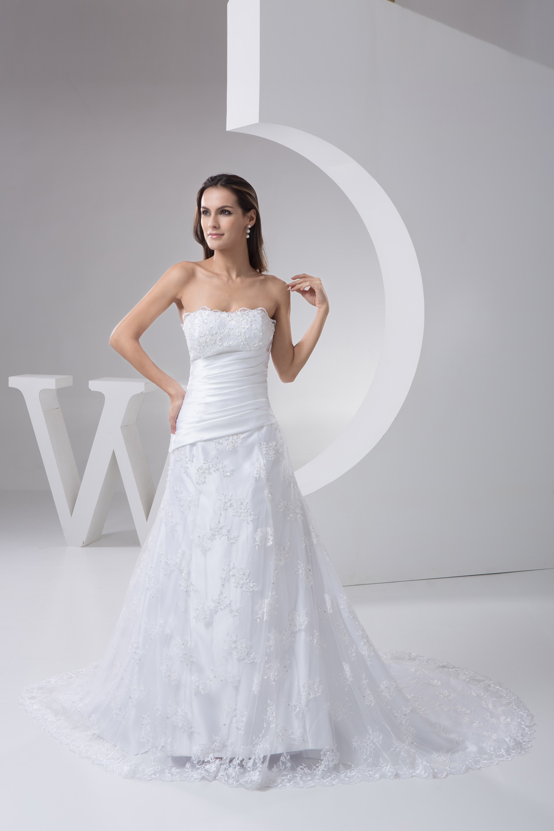 A-line Asymmetric Waist Lace Strapless Sleeveless Pleated Wedding Dress#WAY0707