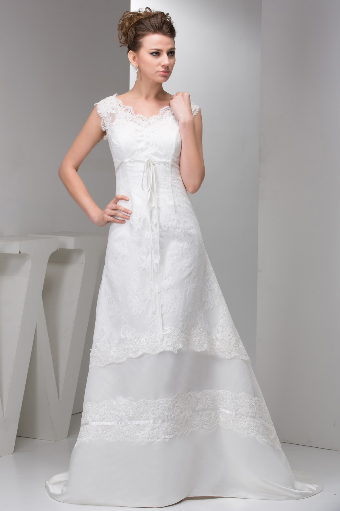 A-line Pongee V-neck Cap Sleeve Empire Wedding Dress#WAJ1187