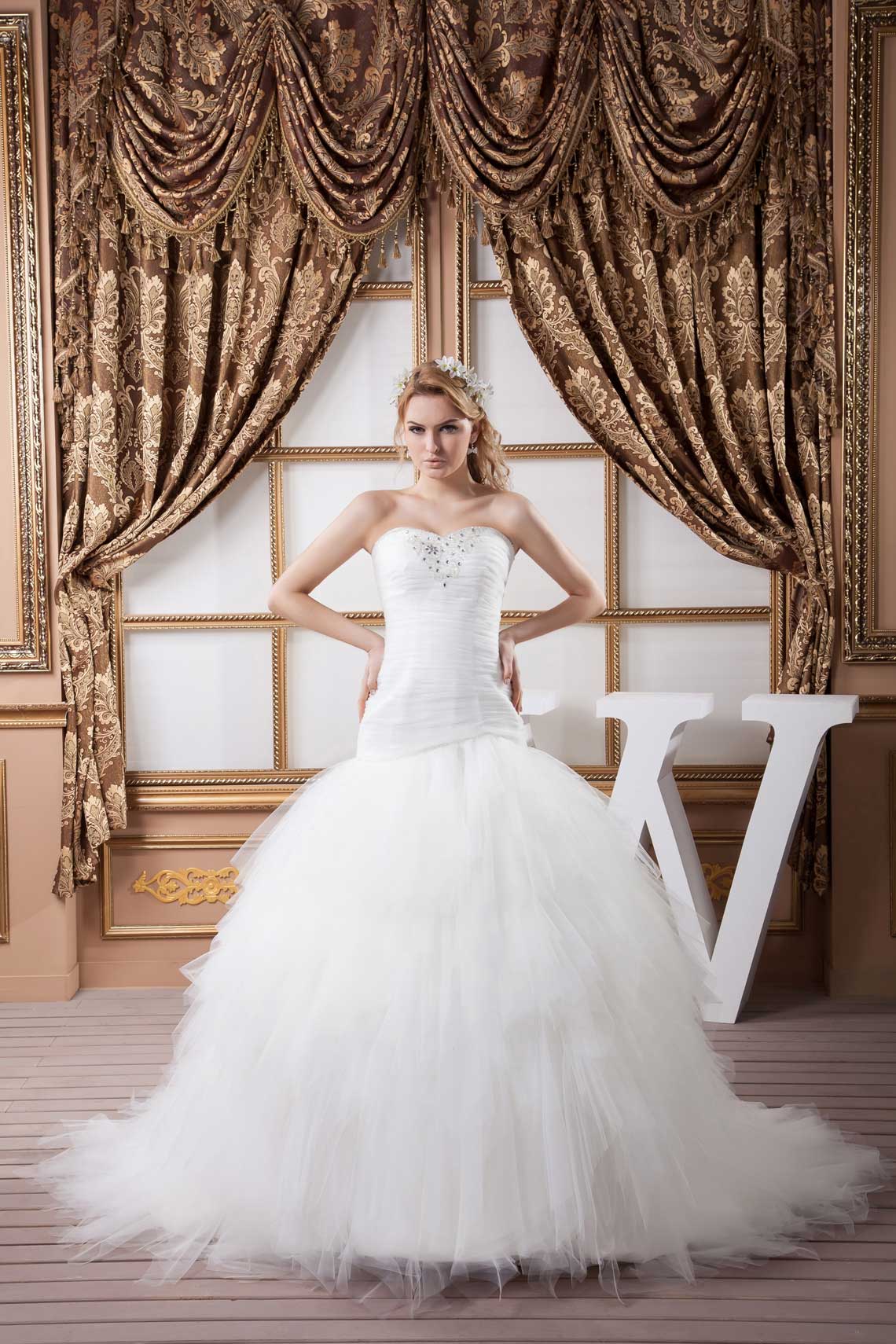 Sleeveless Ruffles Sweetheart Tulle Dropped Waist Wedding Dress#WCY3221