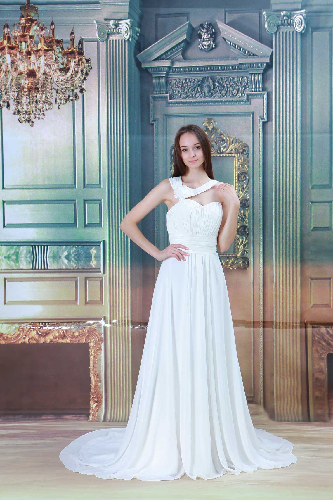 A-line Flowers Court Train V-neck White Natural Waist Wedding Dress#WTB8738