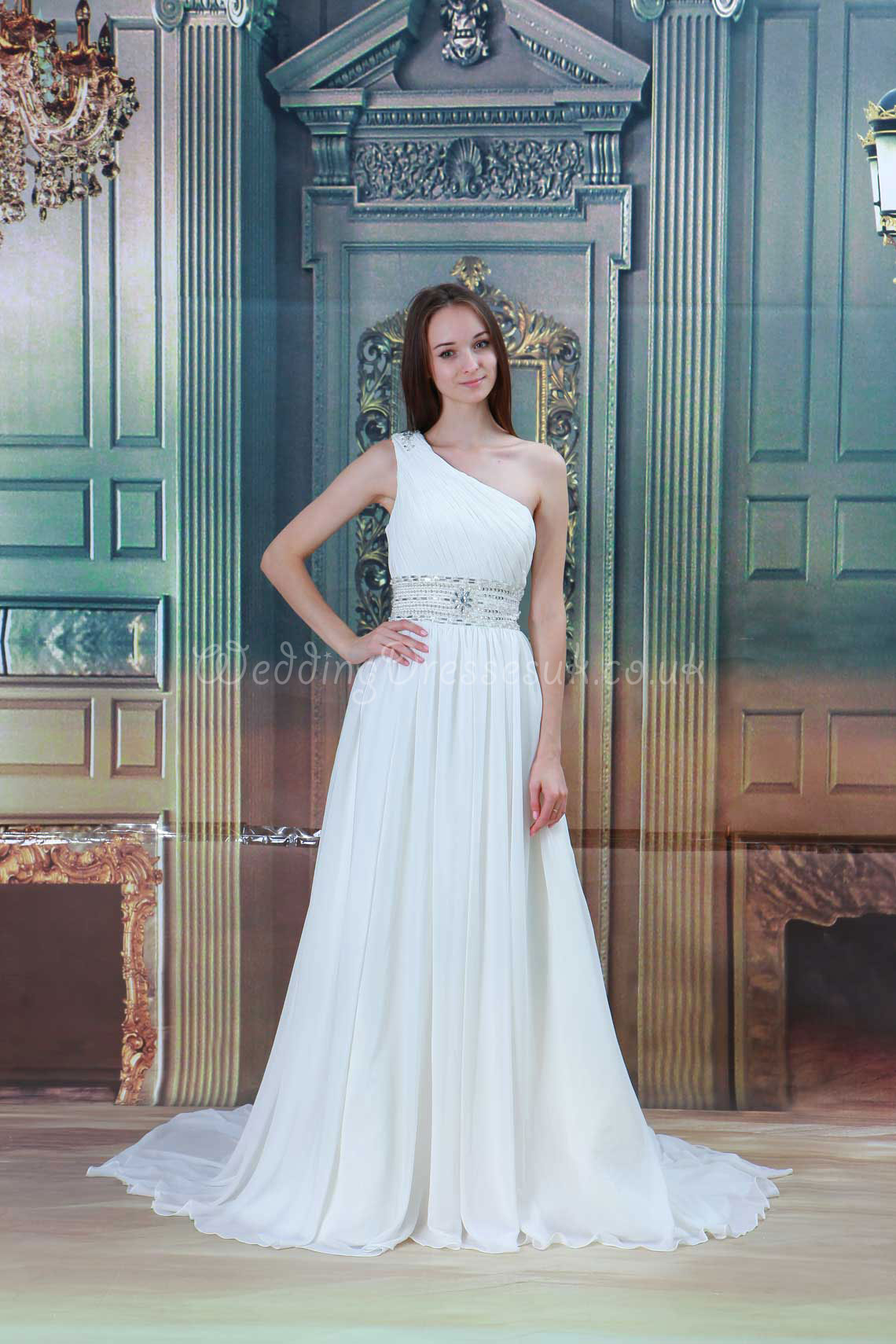 A-line Paillette Court Train One Shoulder Lace-up Chiffon Wedding Dress#WDY5203