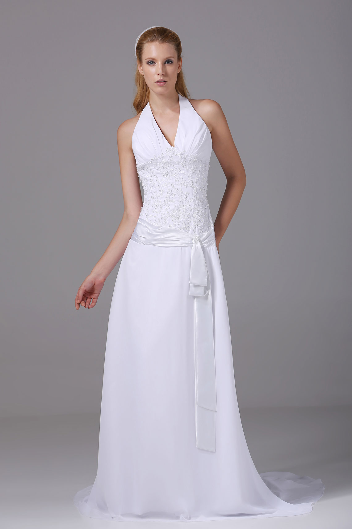 A-line Zipper Appliques White Beaded Wedding Dress#WAD5182