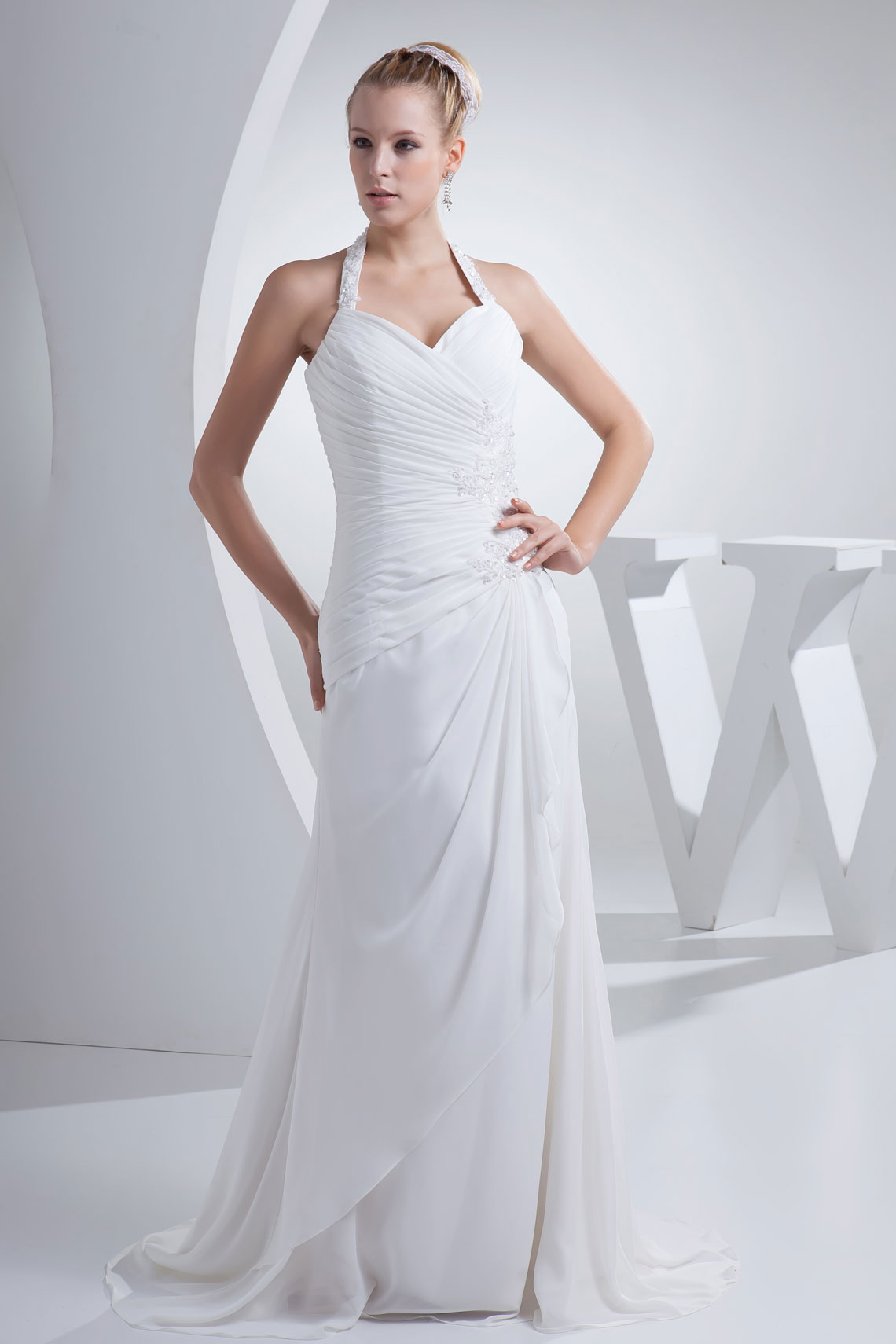 Low Back Halter Asymmetric Waist Chiffon Brush Train Appliques Wedding Dress#WQA8248