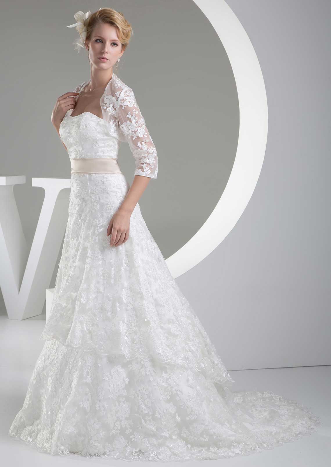 Court Train Sleeveless Strapless White Natural Waist Lace Wedding Dress#WES4104