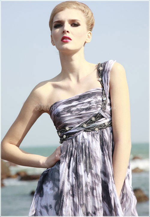 Empire A-line Long One Shoulder Pleated Printing Evening Dress#WCD3822