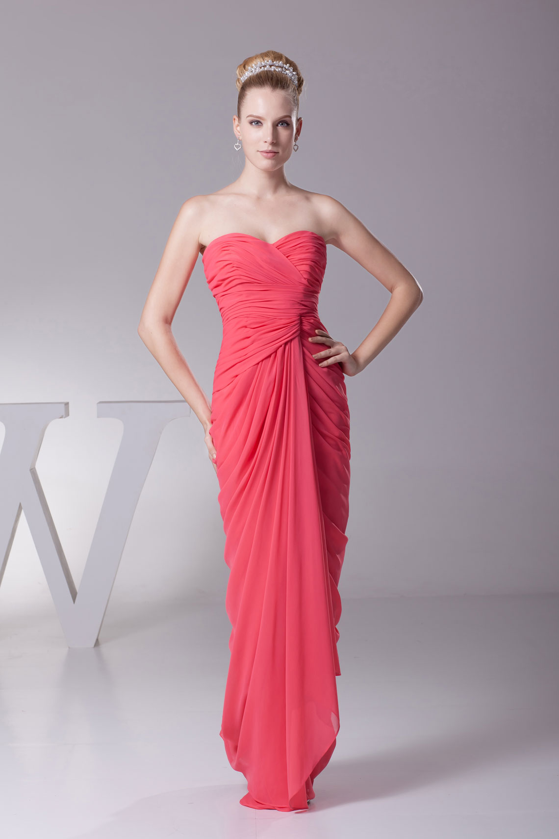 Long Sleeveless Chiffon Watermelon Ruched Low Back Bridesmaid Dress#WWC1931