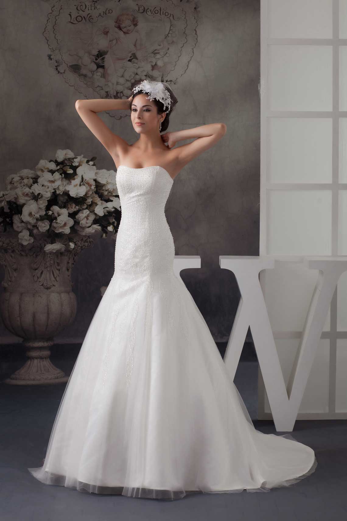 Ball Gown Strapless Pongee Tulle Satin Natural Waist Wedding Dress#WBS5260