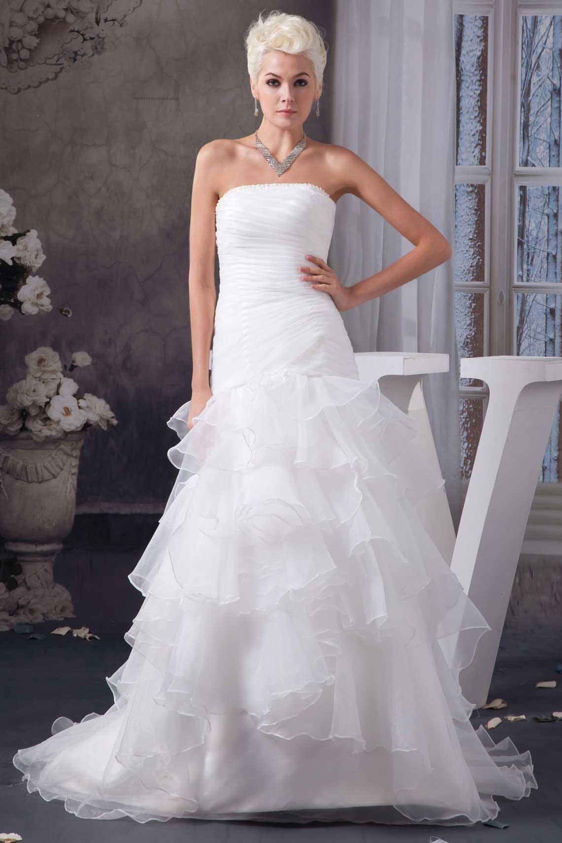 Tier Zipper Sleeveless Court Train Pleated Pongee Wedding Dress#WBY6963