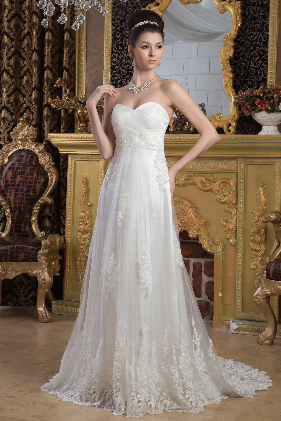 Beaded Tulle Empire Court Train A-line Zipper Wedding Dress#WQA7078