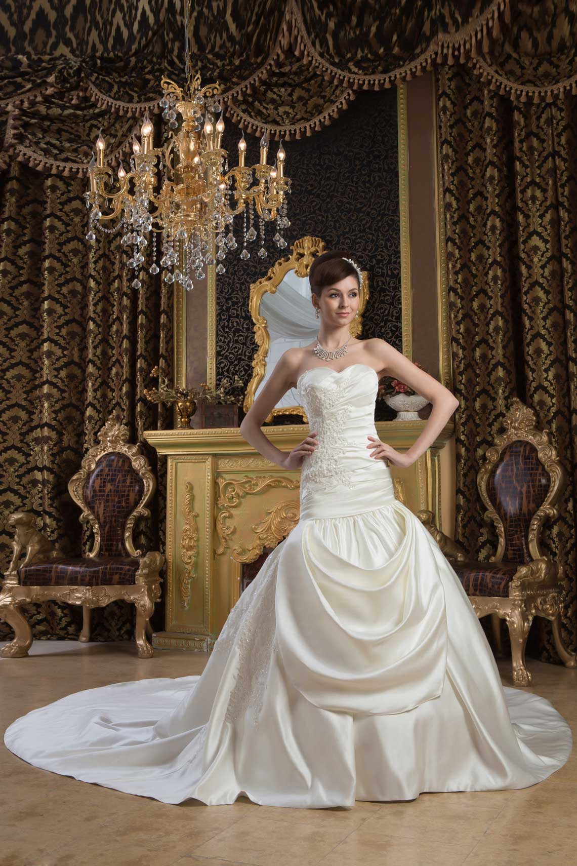 Satin Appliques Draping Trumpet Zipper Chapel Train Wedding Dress#WAJ5006