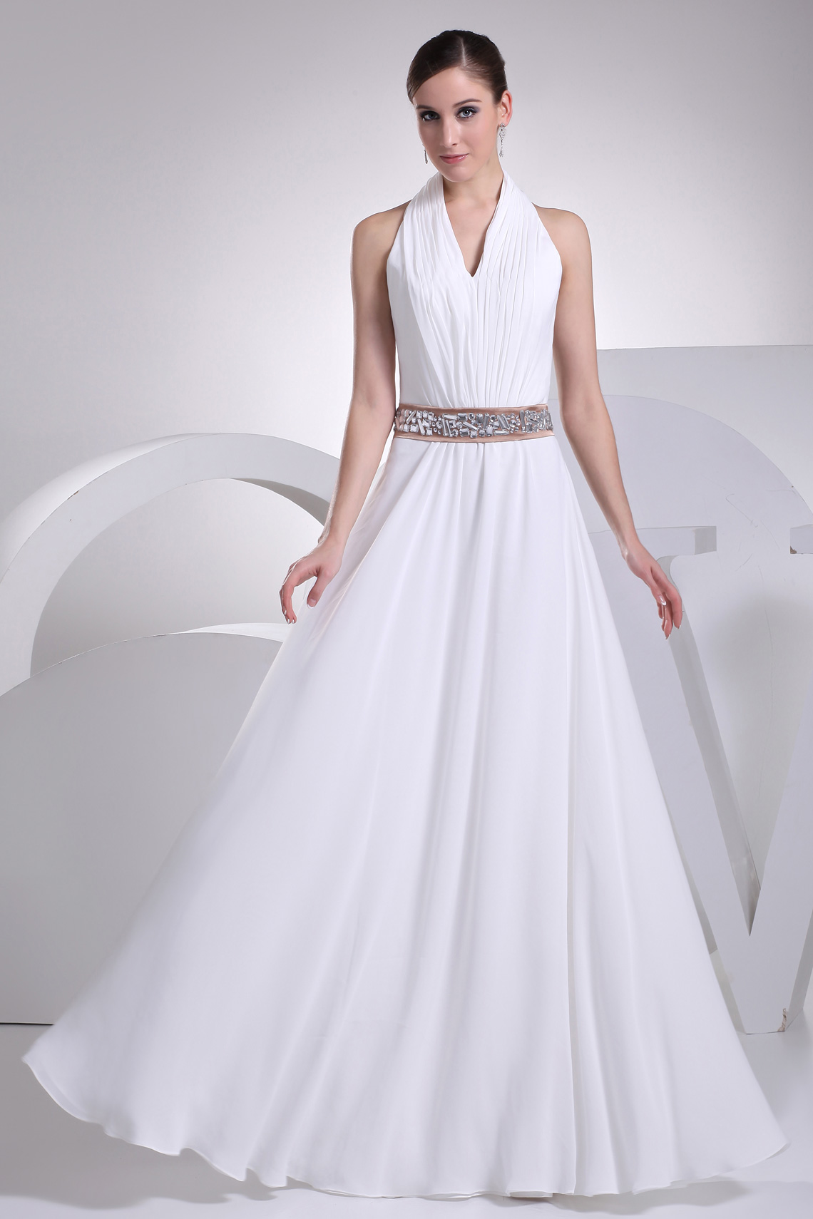 White A-line Sleeveless Natural Waist Zipper Chiffon Wedding Dress#WDE3629