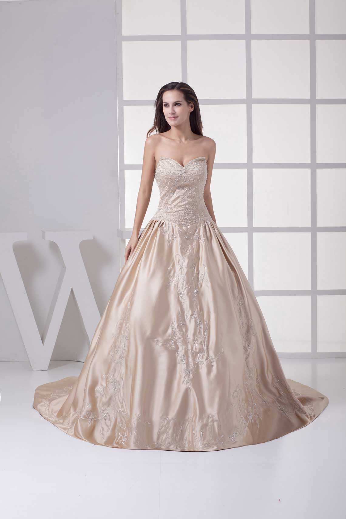 Sweetheart Chapel Train Ball Gown Champagne Satin Natural Waist Wedding Dress#WWY8035