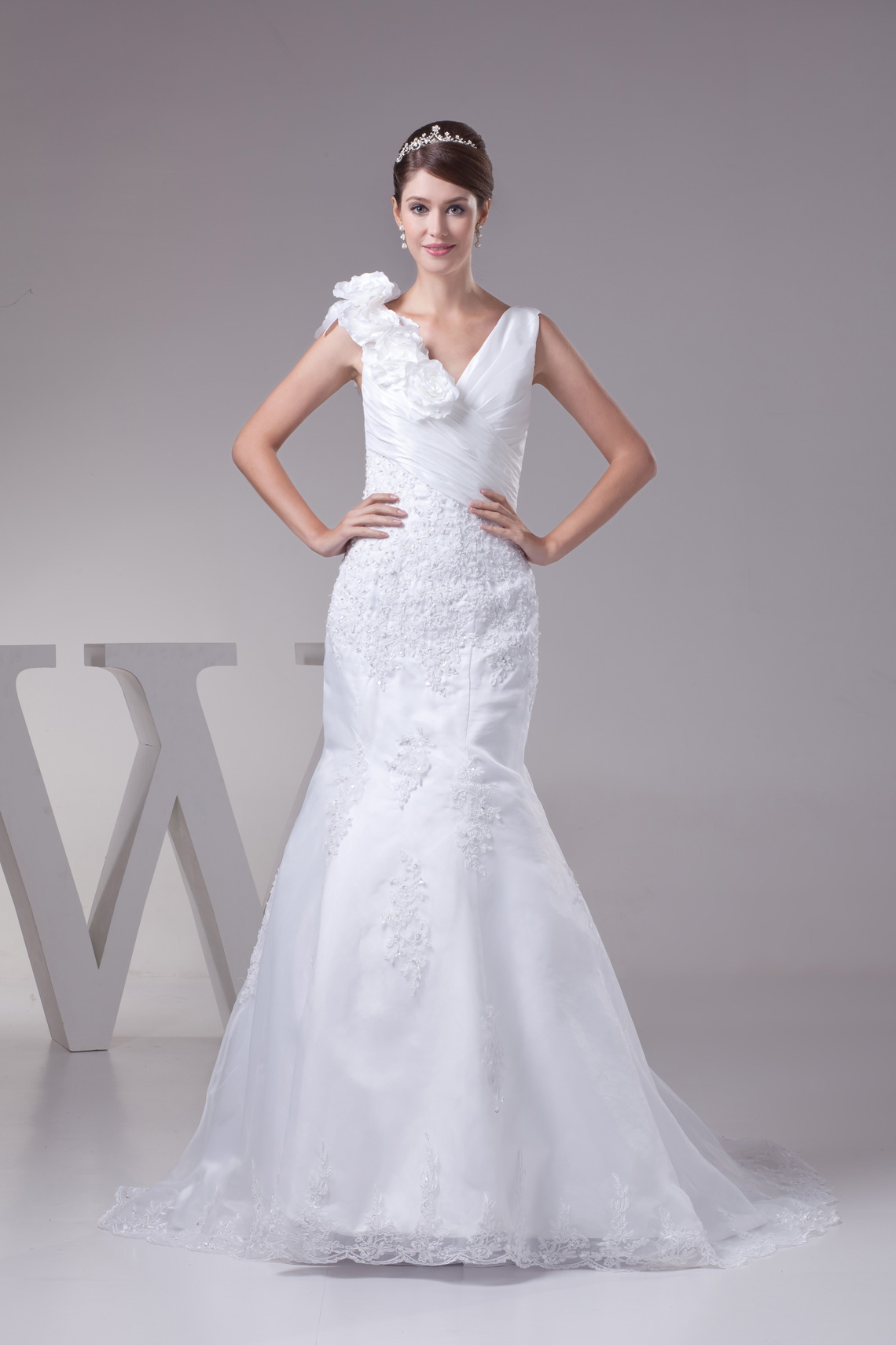 White Natural Waist Chapel Train Lace Ruched Sleeveless Wedding Dress#WRC6318