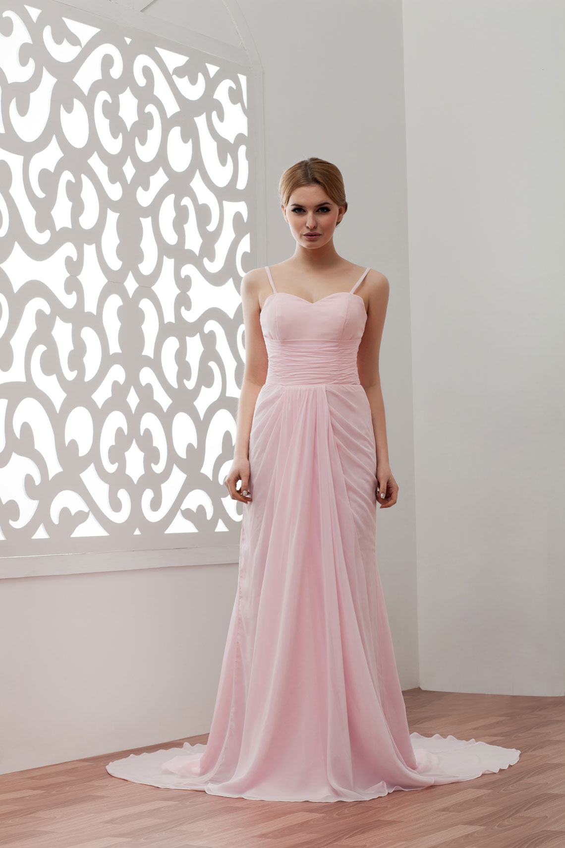 Spaghetti Straps Column Zipper Sleeveless Ruched Chiffon Wedding Dress#WSA9375